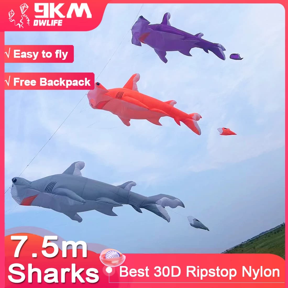 9KM 7.5m Sharks Kite Line Laundry Pendant Soft Inflatable Show Kite for Kite Festival Ripstop Nylon Fabric (Accept wholesale)