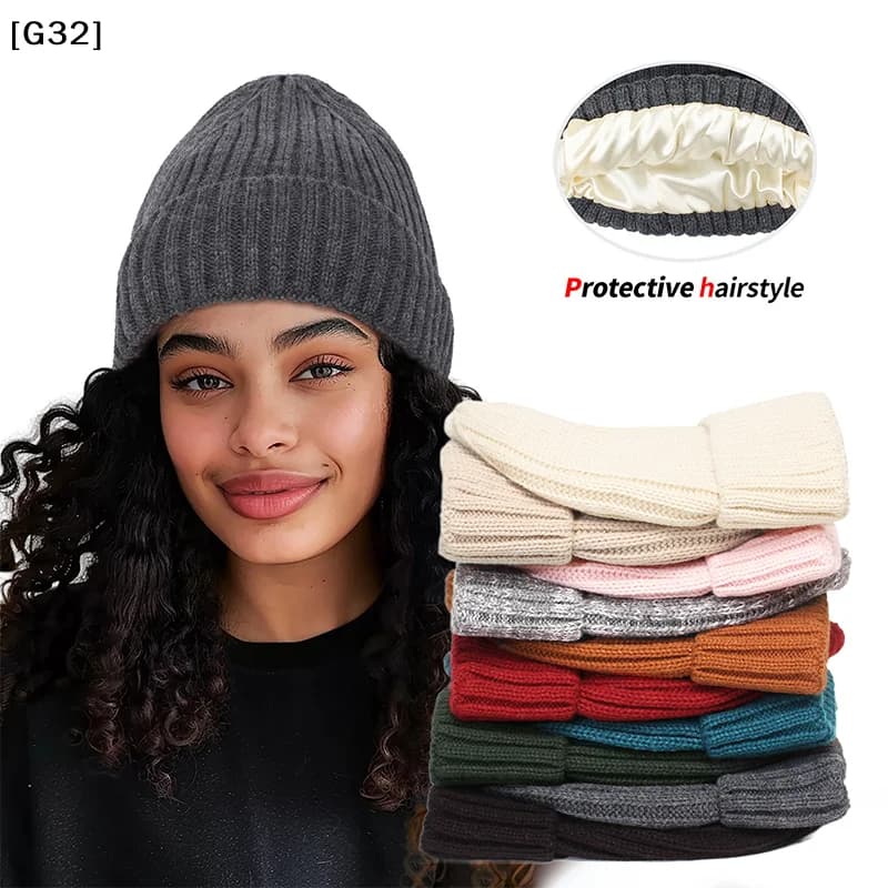 Unisex Silk Satin Lined Knit Beanie, Winter Thick Cashmere Hat, Cool Streetwear Style with Multiple Colors Available[G32]