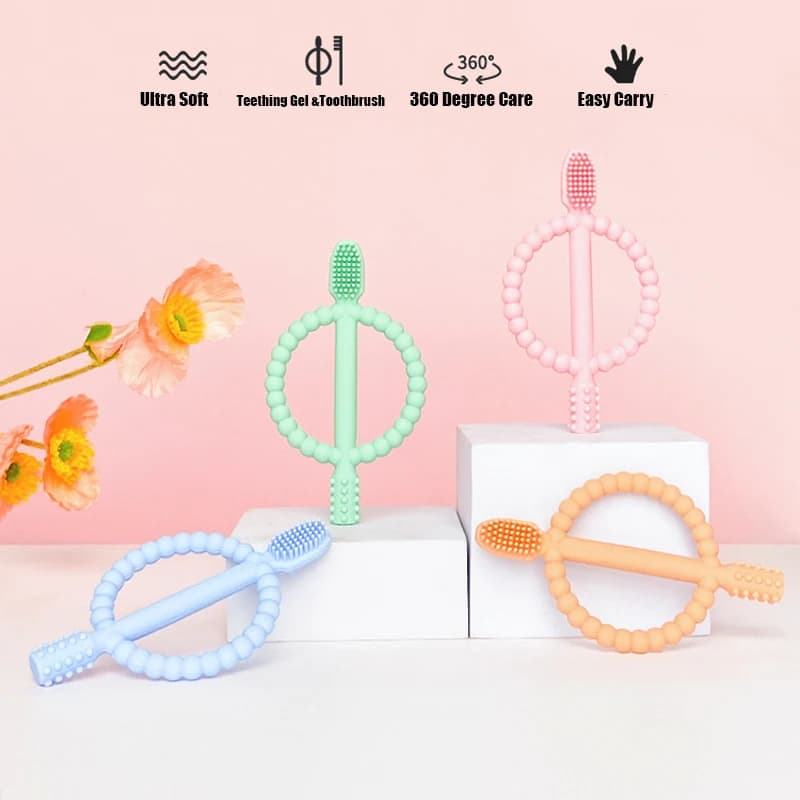 2 in 1 Dentizione del bambino Giocattoli da masticare Spazzolino da denti in silicone da 360 gradi Accessori per bambini Morbido infantile Igiene orale Spazzolino da denti Massaggiagengive