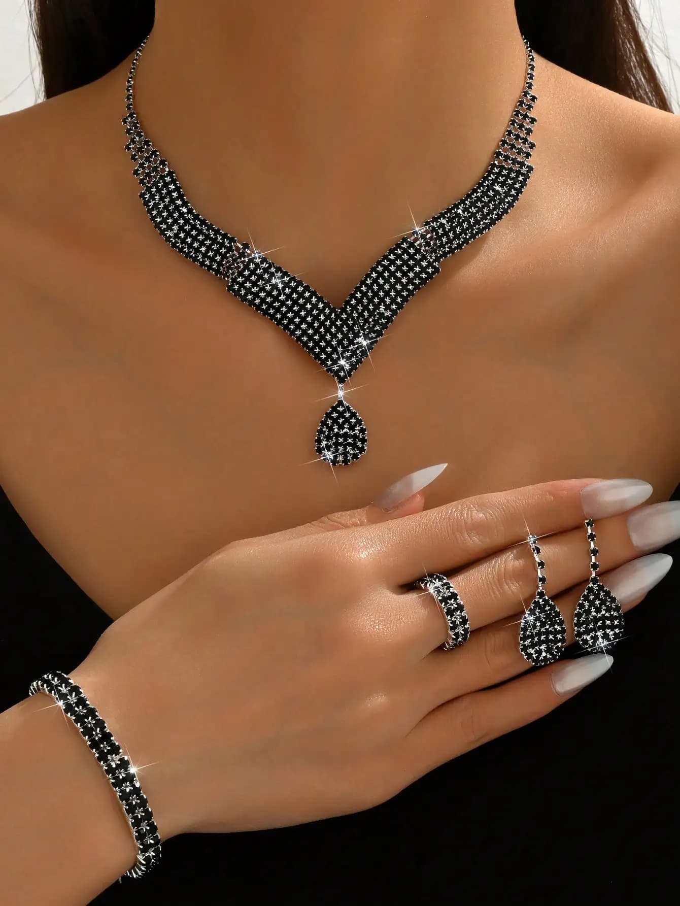 5 Piece Black Crystal Jewelry Set for Women - Necklace, Earrings, Bracelet, Ring - Wedding Gift and Valentine's Day