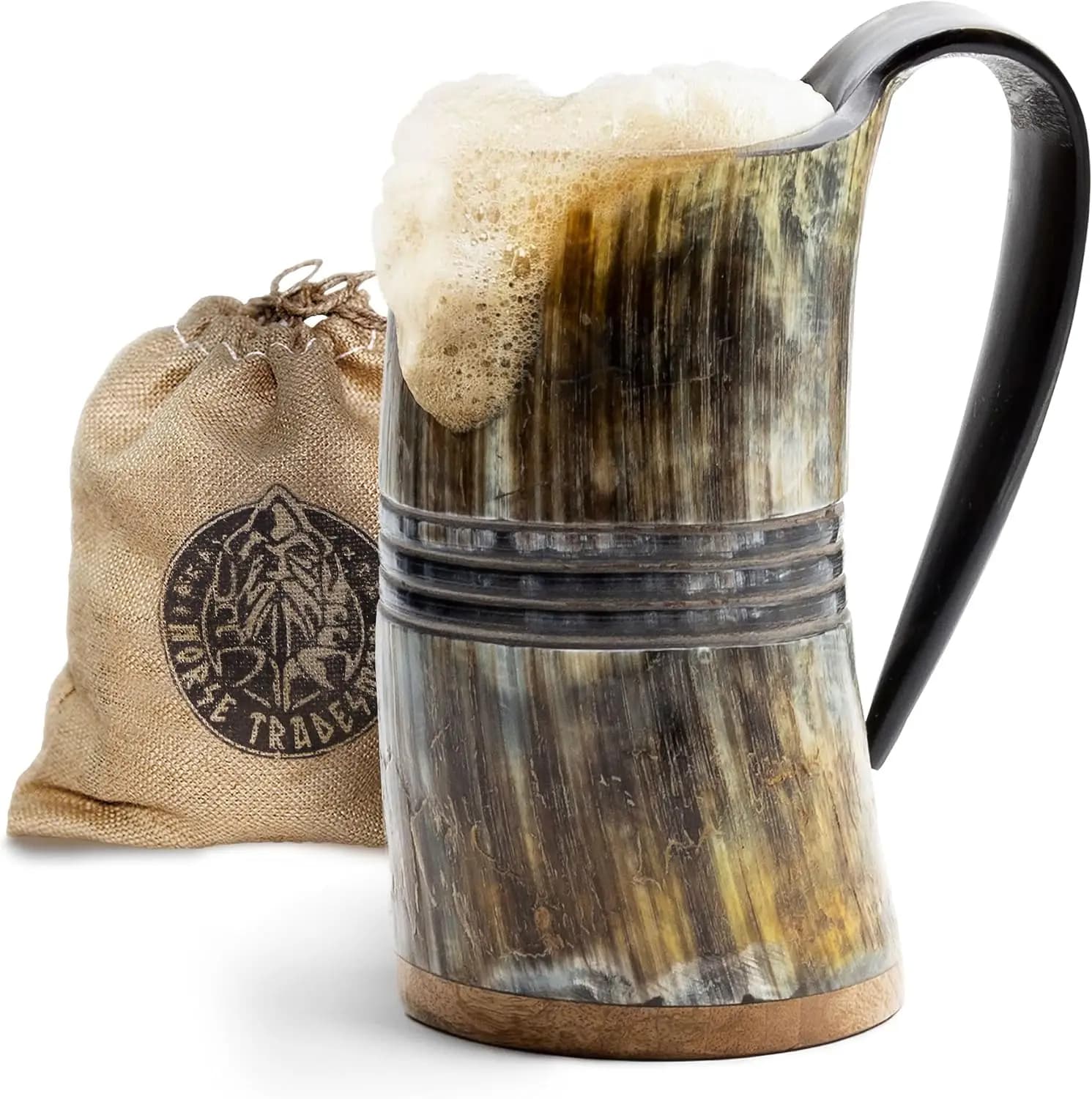 Boccale a forma di corno da bere LG Viking - Boccale da birra 100% autentico con fondo in legno duro e incisioni ad anello | L'Eterno, Low Polish