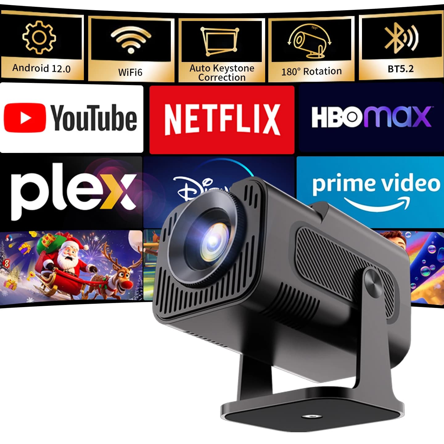 HY320 Mini Android 11 Projector 720P with WiFi6 & BT5.0 Native 720P 4K 150 ANSI Brightness Auto Keystone 40-120'' for Home