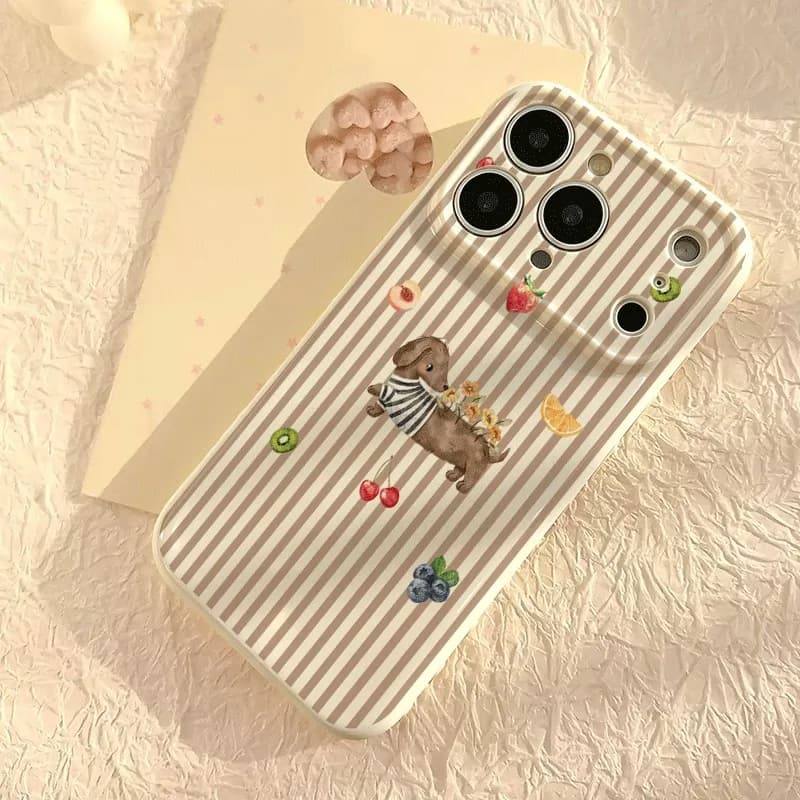 Vintage Dachshund Dog Fruit Stripe Phone Case For iPhone 17 15 14 Pro Max 13 16 12 Pro Max 11 Shockproof Camera Protector Cover