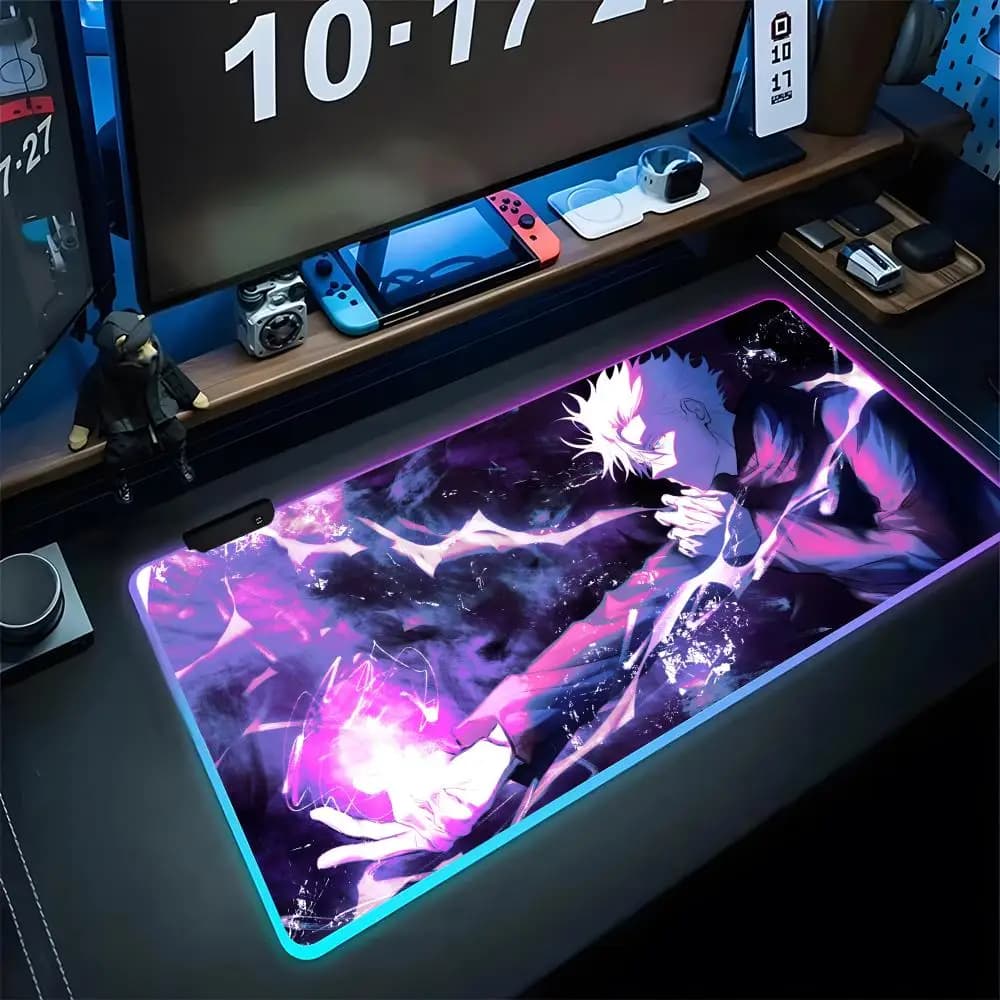 Tappetino per mouse Anime J-jujutsu K-kaisen Gaming RGB retroilluminato, tappetino XXL per tastiera e laptop, per gamer e ragazze, pad da scrivania