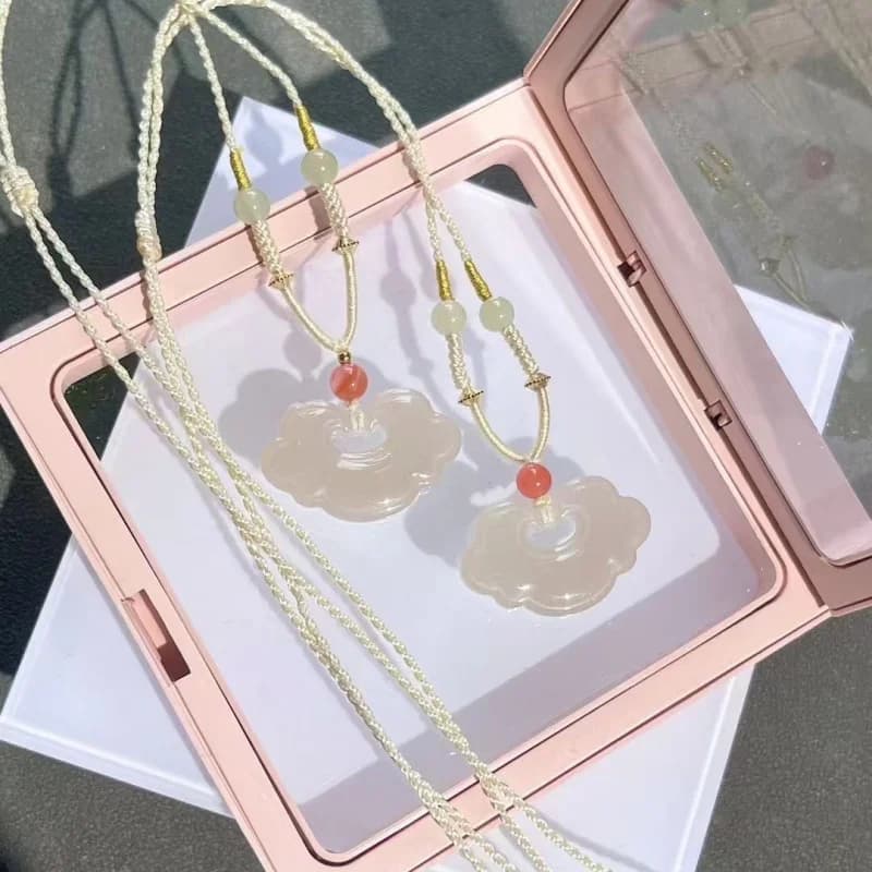 Peace Braided Hetian Jade Root Pink Ruyi Lock Necklace Niche High-End Sweater Chain