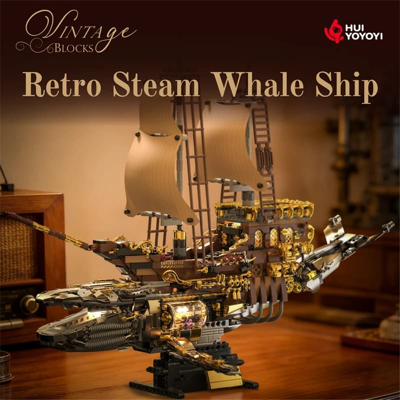 Retro steam whale ship Building Blocks Vintage steamship model Home collection ornaments Assembled toys birthday gift