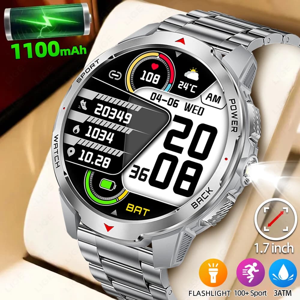 1100mAh Military Smartwatch for Men, 1.7 Inch Large Display, Compass, IP68 Sports Clock Waterproof, Bluetooth Calls
