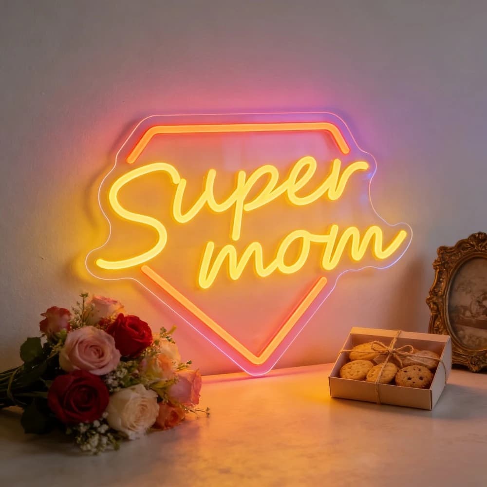Insegna Luminosa LED 'Super Mom' con USB Dimmerabile per Camera, Soggiorno, Cucina, Decorazione Casa, Idea Regalo Perfetta per la Festa della Mamma