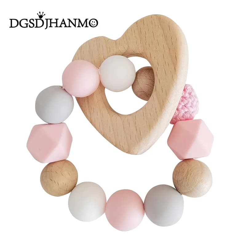 Baby Teether Bracelet Crochet Wood Crafts Engraved Bead Food Grade Silicone Beads Wood Animal Pendant Teething Toys For Rattle