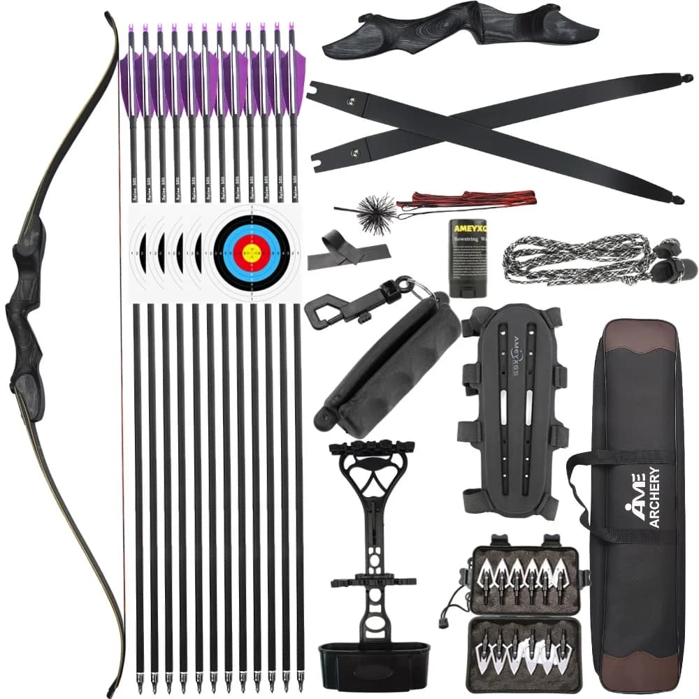 Kit arco ricurvo per tiro con l'arco da 60 pollici 40Ibs Manico per arco in legno ingegnerizzato con arti in acero in fibra di vetro con 12 frecce in carbonio Set di arco per tiro con l'arco