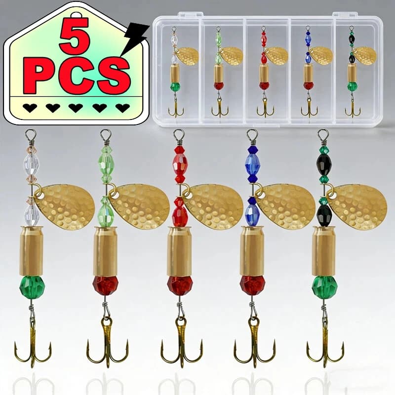 Brand New Kit of 5 360° Rotating baits in Metal Duro for Bass Fishing, Salmon, Trout, Persian and Luccio with Tool Box