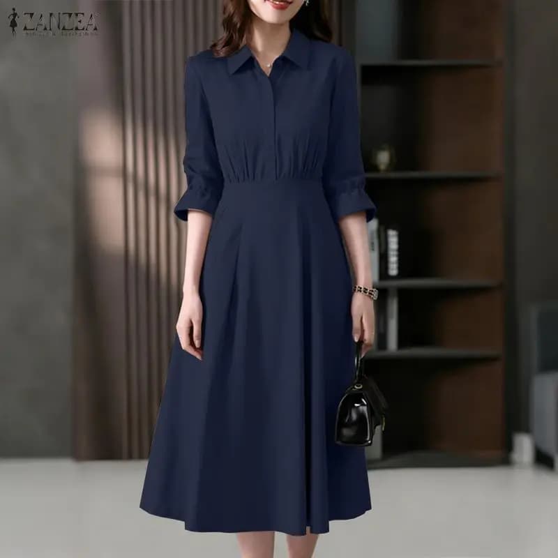 ZANZEA 2026 Elegant Spring Dress with Rewind Collar, Sleeves 3/4, Office Dress for Women, Style Line A with Folds and Bushes