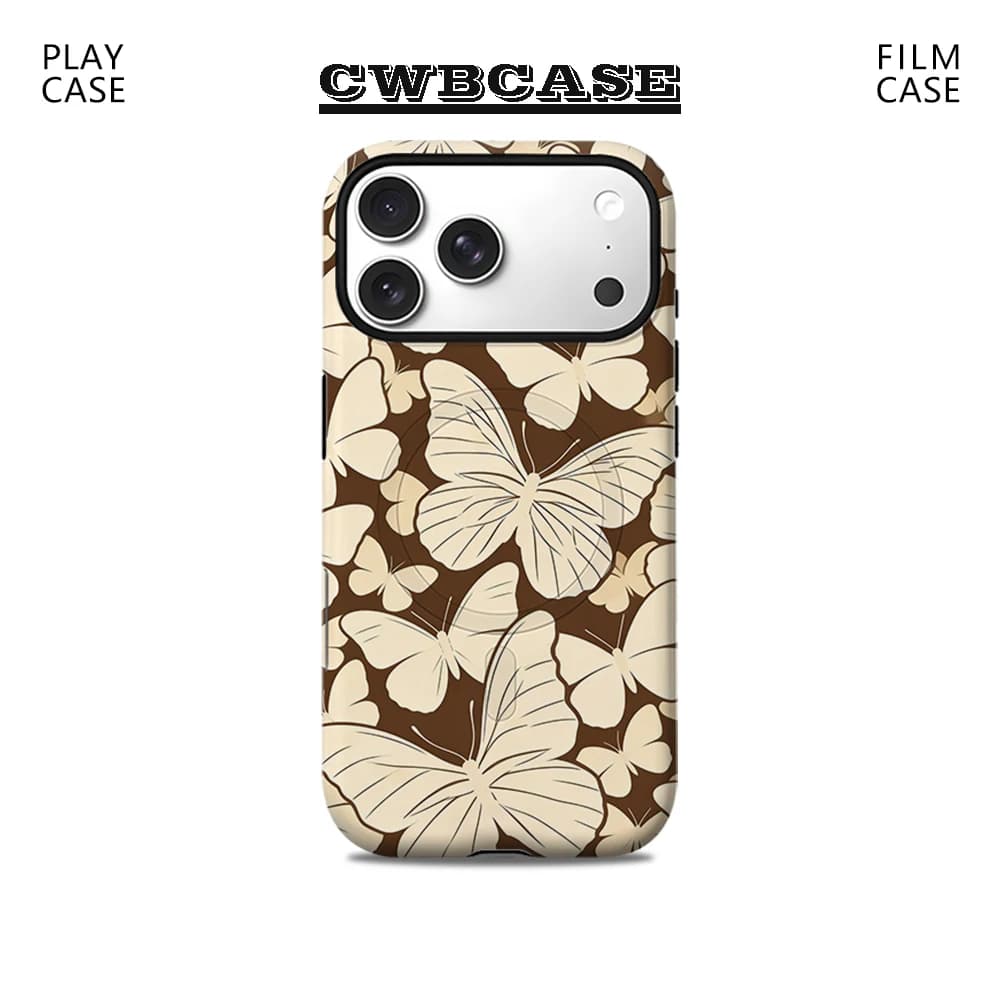 Custodia per iPhone 17 16 15 14 13 Pro Plus Pro Max 2 in 1 di lusso beige con farfalla marrone, magnetica e antiurto