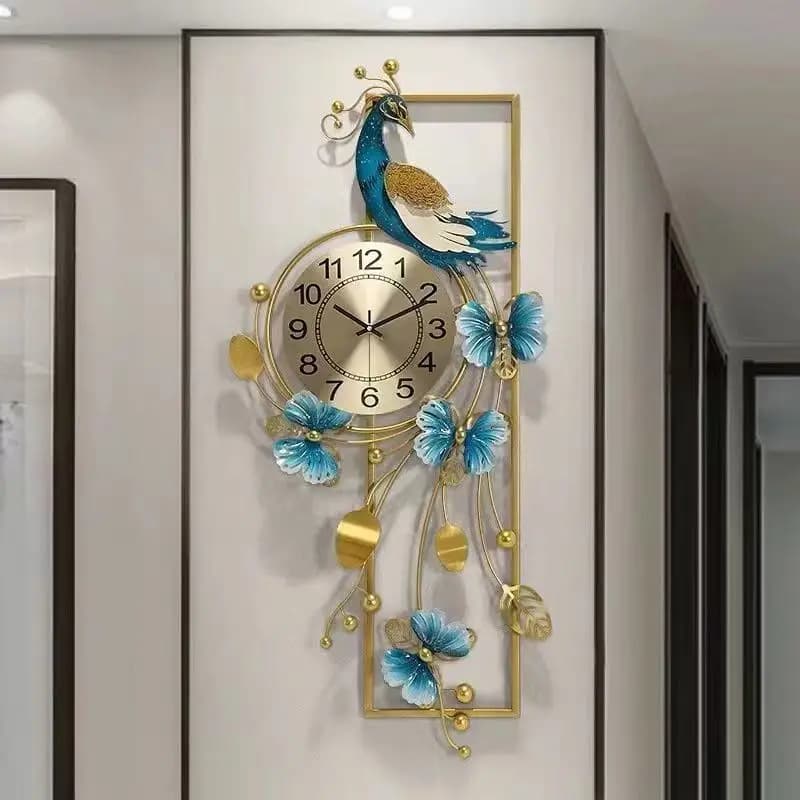 Chinese style peacock wall clock, creative modern art for living room, large luxury piece with silent movement