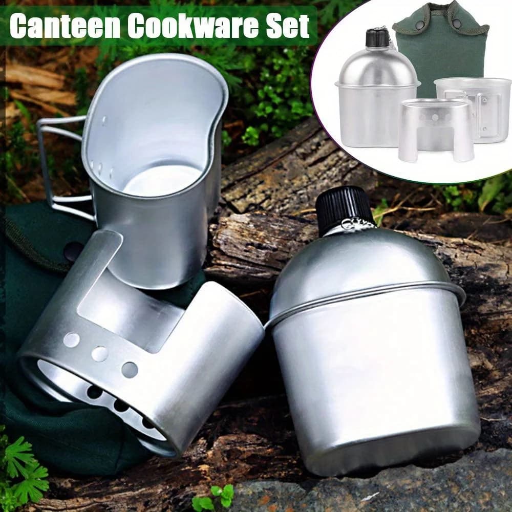 4 pieces/set, set of military canteen pots, multifunctional water bottle for aluminum alloy canteen with cup with green canvas handle