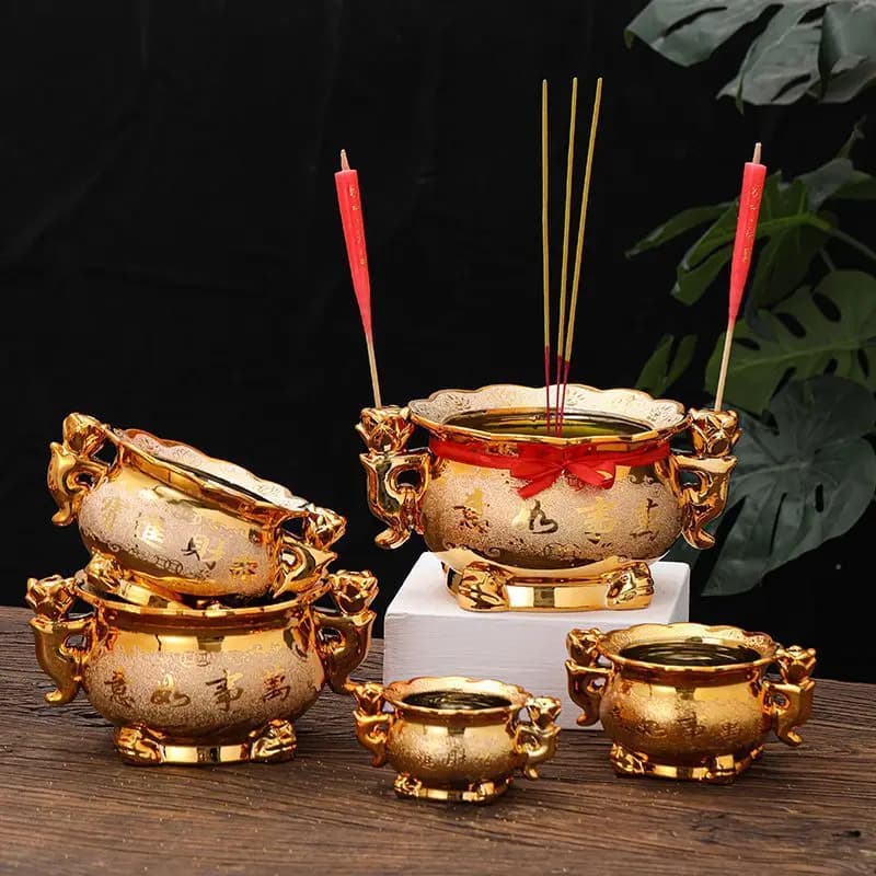 Golden Ceramic Incense Burner with Home Prayer Candle, Buddha Cult Altar, Table Decoration, Religious Articles