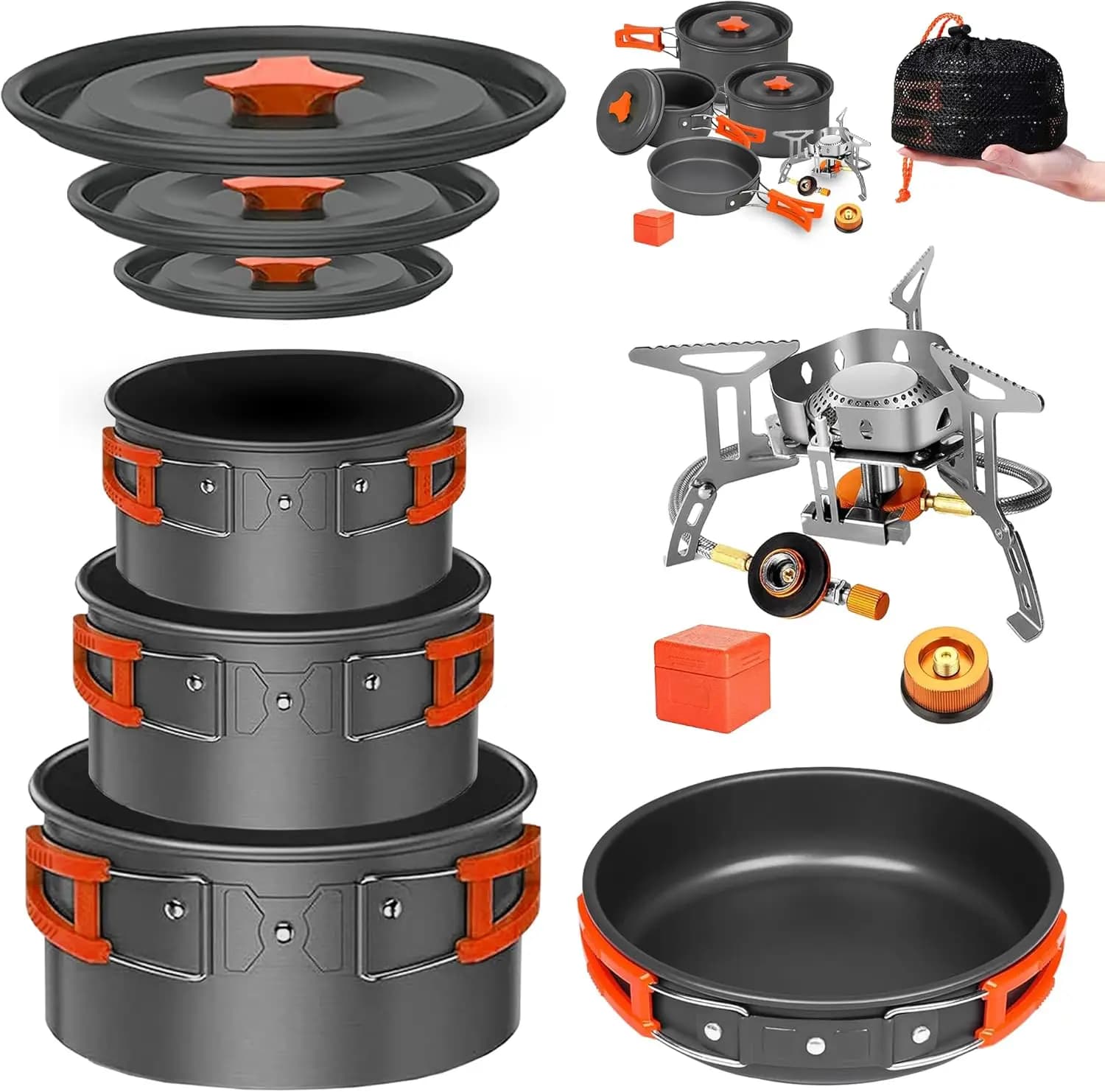 Set di Pentole da Campeggio con Fornello, Kit da 10 Pezzi Antiaderente per Escursionismo, Fornello Portatile per Escursioni