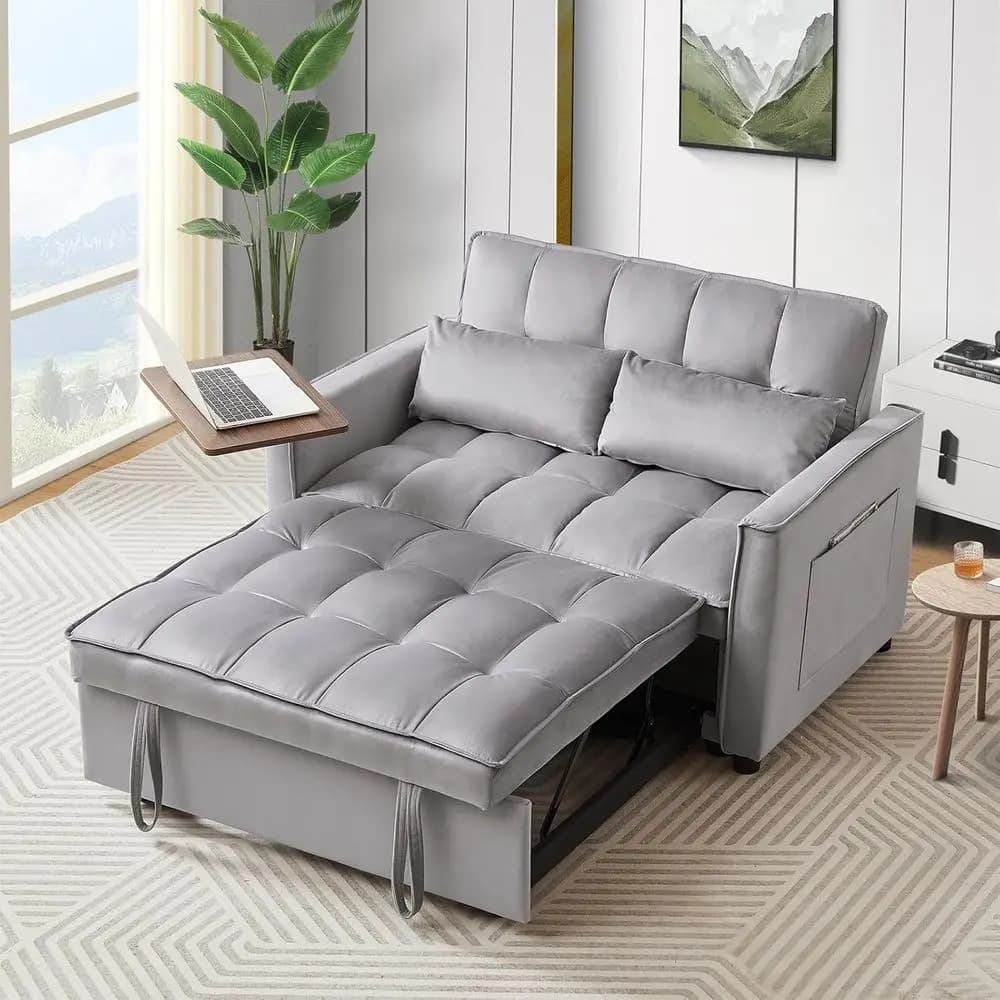 Divano Letto Grigio con Tavolino Laterale, Divano Convertibile 3-in-1, Schienale Regolabile, Vani Portaoggetti e Cuscini per Li