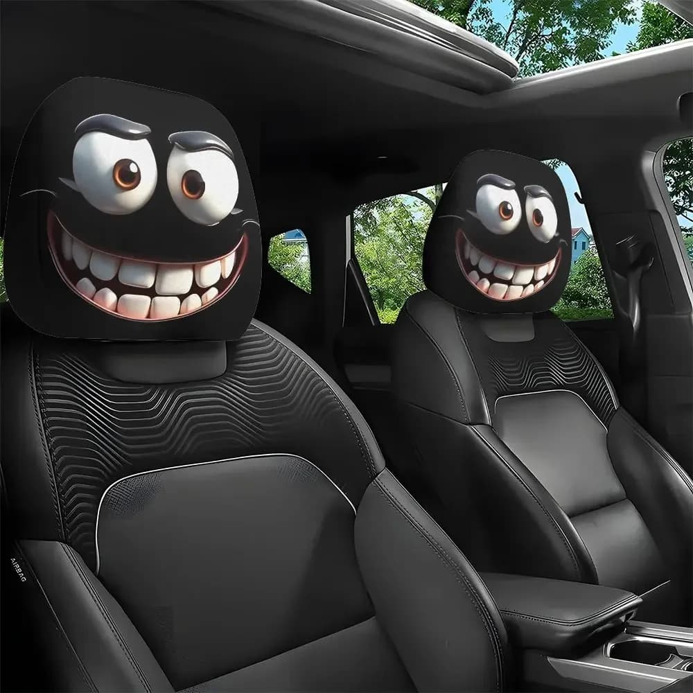 2 car cushion cover with print smiley face, soft and comfortable, decorative, for auto headrest, in washable polyester fabric