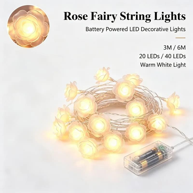 LED Rose Flower Fairy Lights, USB or Battery Powered String Lights for Wedding Bedroom Christmas Decor