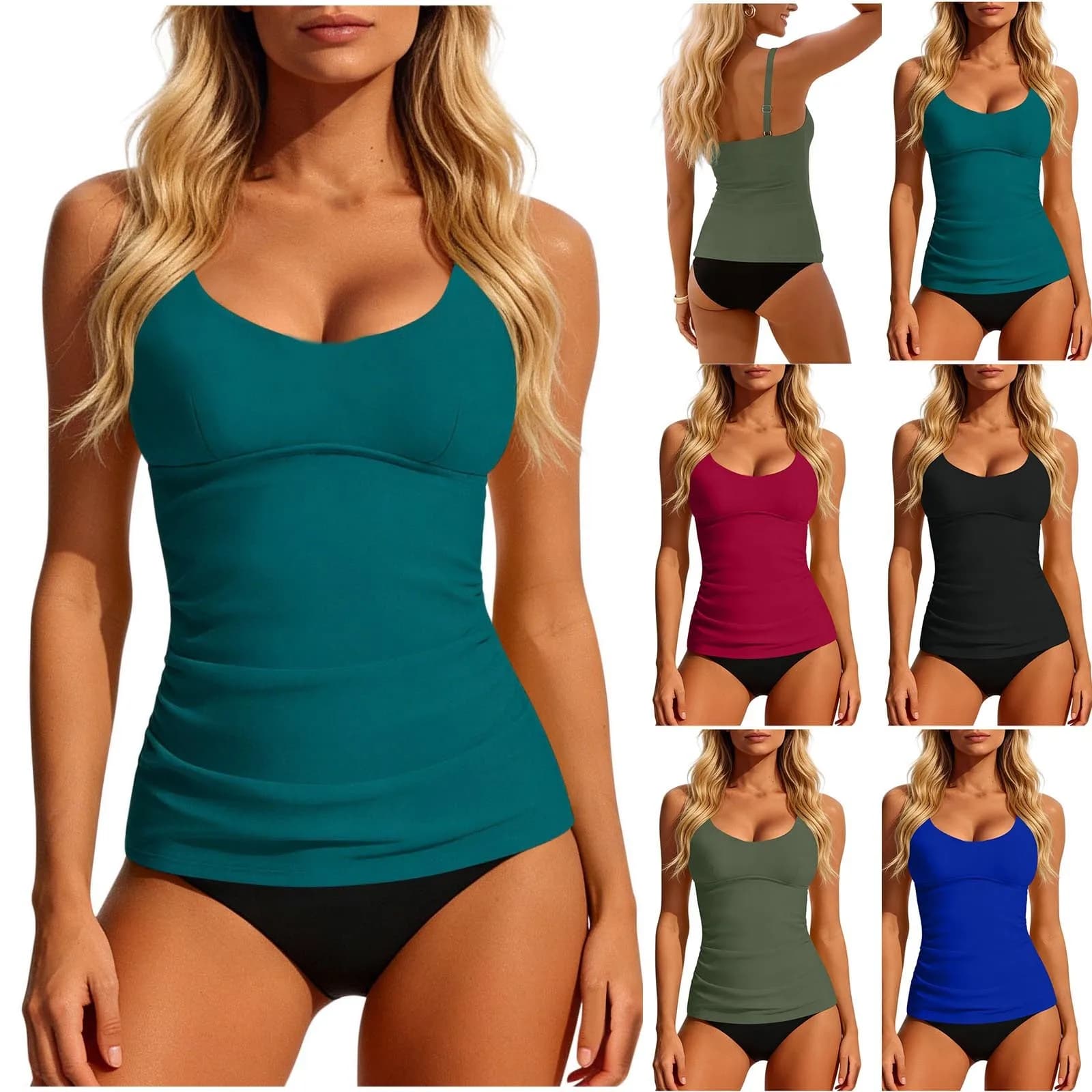 Tankini da donna 2026 verde acqua con scollo rotondo, top a vita arricciata, costume da bagno due pezzi, slip bikini, separati da bagno corti