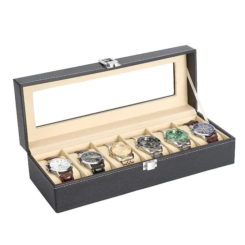Vendita calda Display in pelle PU Collezione di stoccaggio Organizzatore scatola per orologi con slot superiore in vetro Scatola per esposizione staffa per orologio da uomo Regali