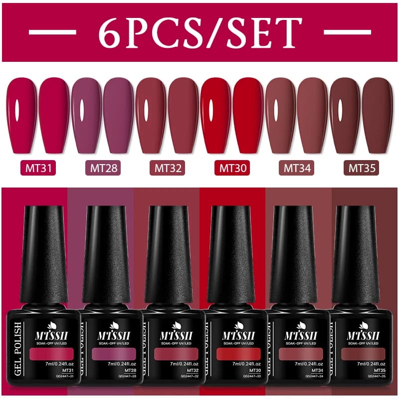 6 pz/set Colore Rosso Kit Smalto Gel Per Unghie Colore Solido Glitter Marrone Rosso Gel Soak Off UV Vernice Semi-Permanente Nail Art Design