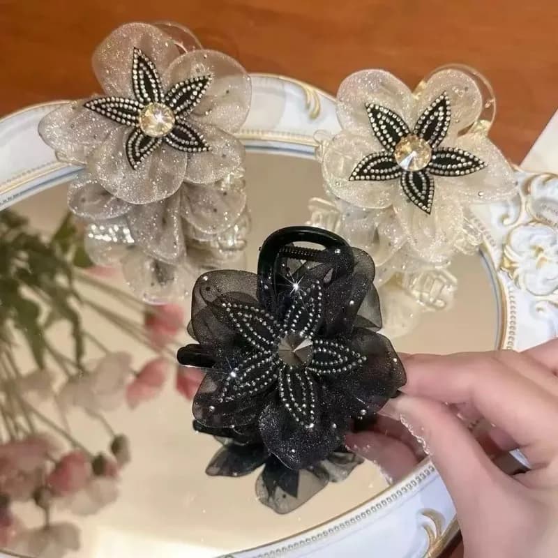 Hair accessories with flower-shaped clip with exquisite mesh rhinestones for women