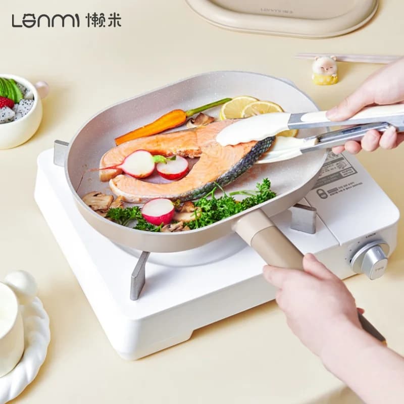 LANMI 24/28CM non-stick pan to Fondo Piatto with Oil Control Ring, for Steaks and Eggs, Compatible with Gas and Induction Panels