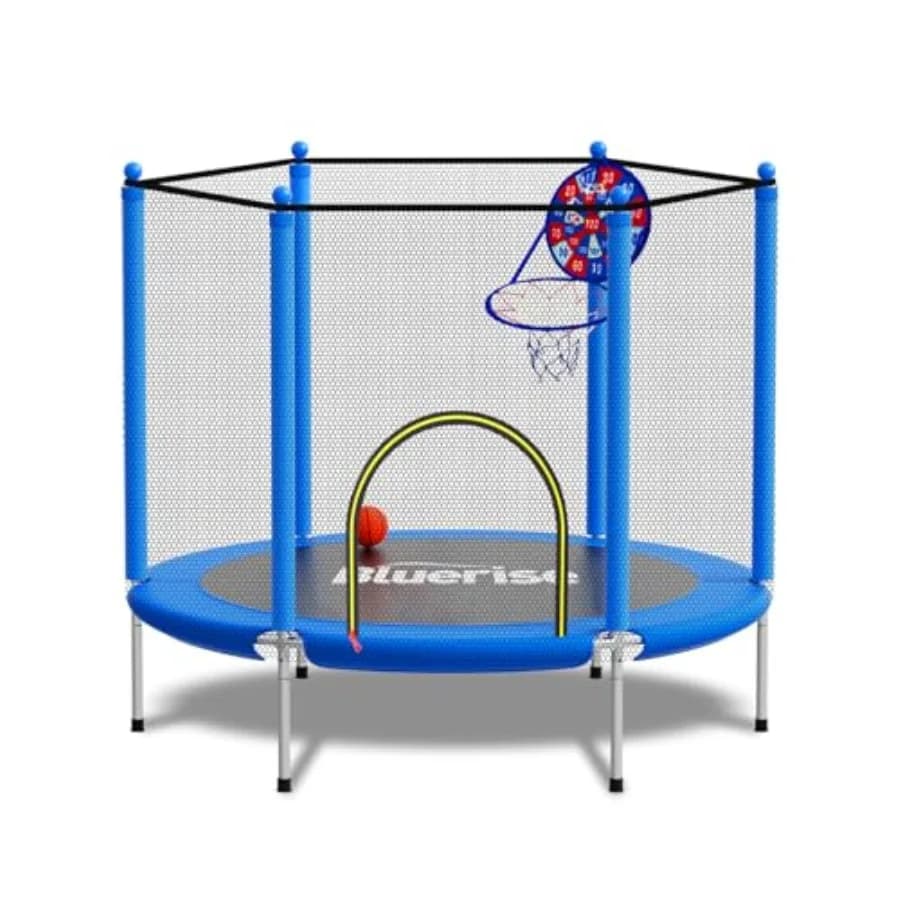 Trampolino per Bambini da 55 Pollici (6 Piedi) per Uso Interno ed Esterno con Attacco per Canestro da Basket e Rete di Protezione, Facile da Montare, Blu