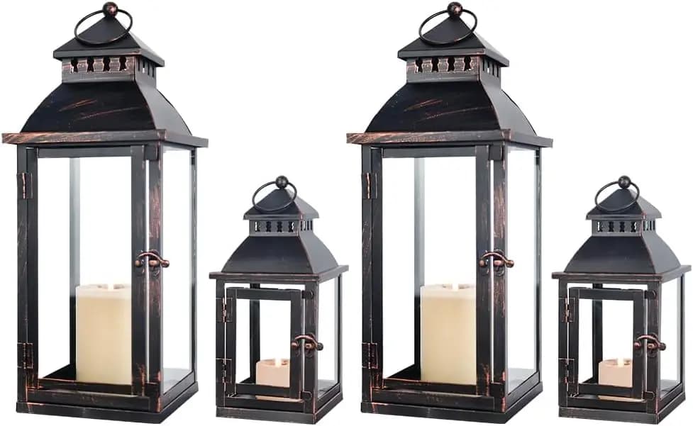 Set di 4 Lanterne in Metallo Bronzato con Vetro, 17" e 10", per Decorazioni Esterne e Interne, Portacandele per Patio, Giardino, Portico, Matrimonio
