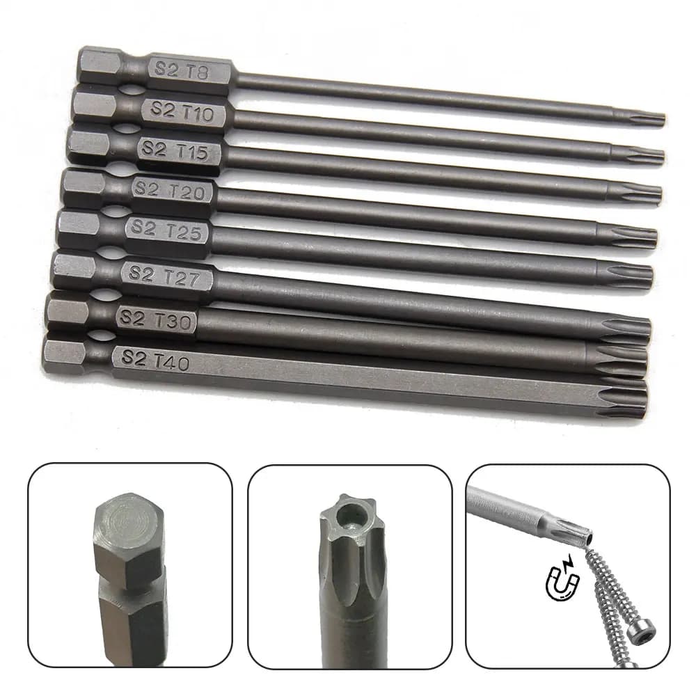 Set of 8 100mm Hexagonal S2 Magnetic Tips with Prugna Flower Forum for Electric Drill and Pneumatic Tools
