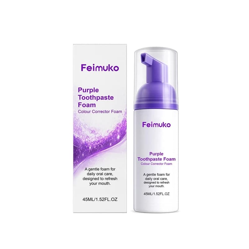 Mousse detergente viola per sbiancamento denti, schiuma ricca e densa per la pulizia dei residui e dello sporco sui denti, per un alito fresco e sbiancante.