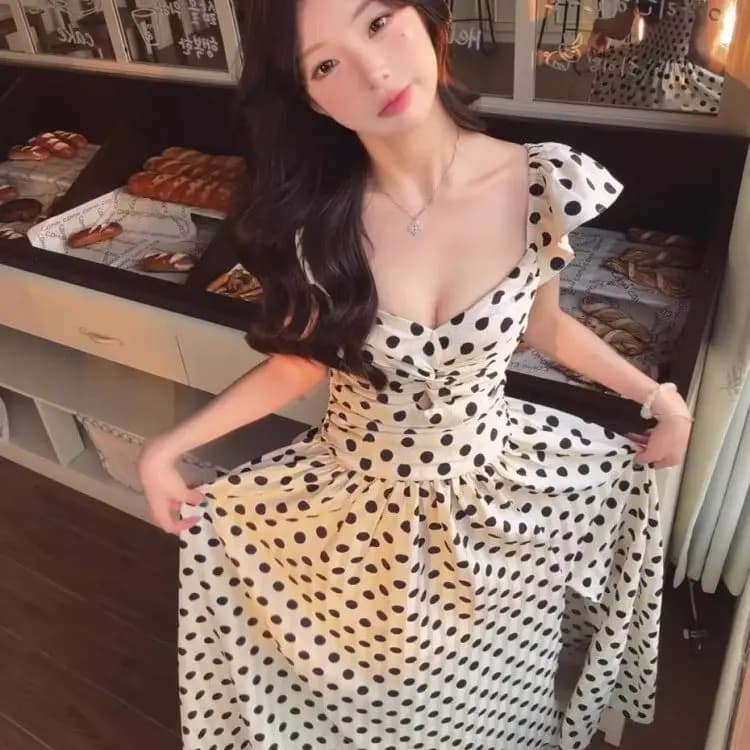 Polka Dot Halter Dress Women's Waist Cinching Slimming Pure Desire Lace Trim Long Dress Elegant Style Fly Sleeve A-Line Skirt