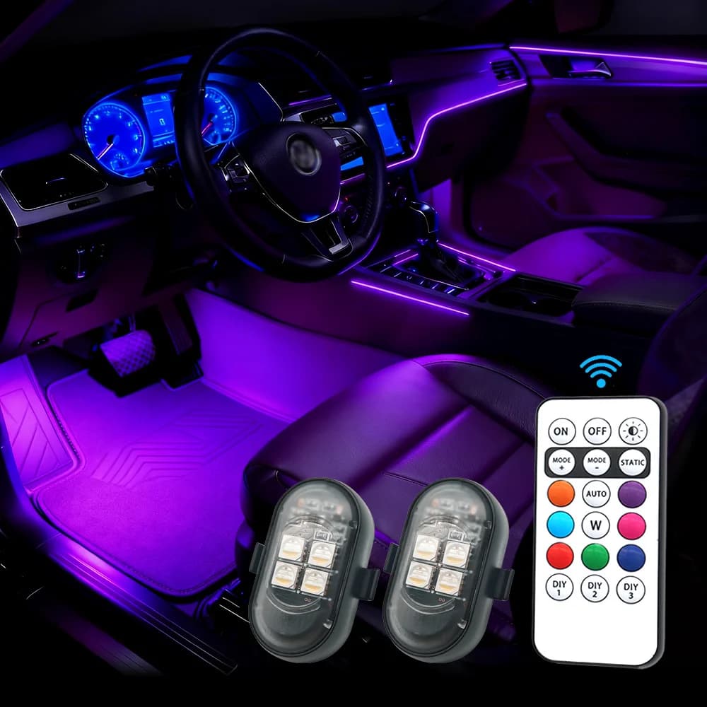 Luci LED Decorative per Auto, Lampada Atmosfera Wireless/Telecomando | Modalità Multicolore | Ricarica USB | Per interni, griglia, luce di segnalazione