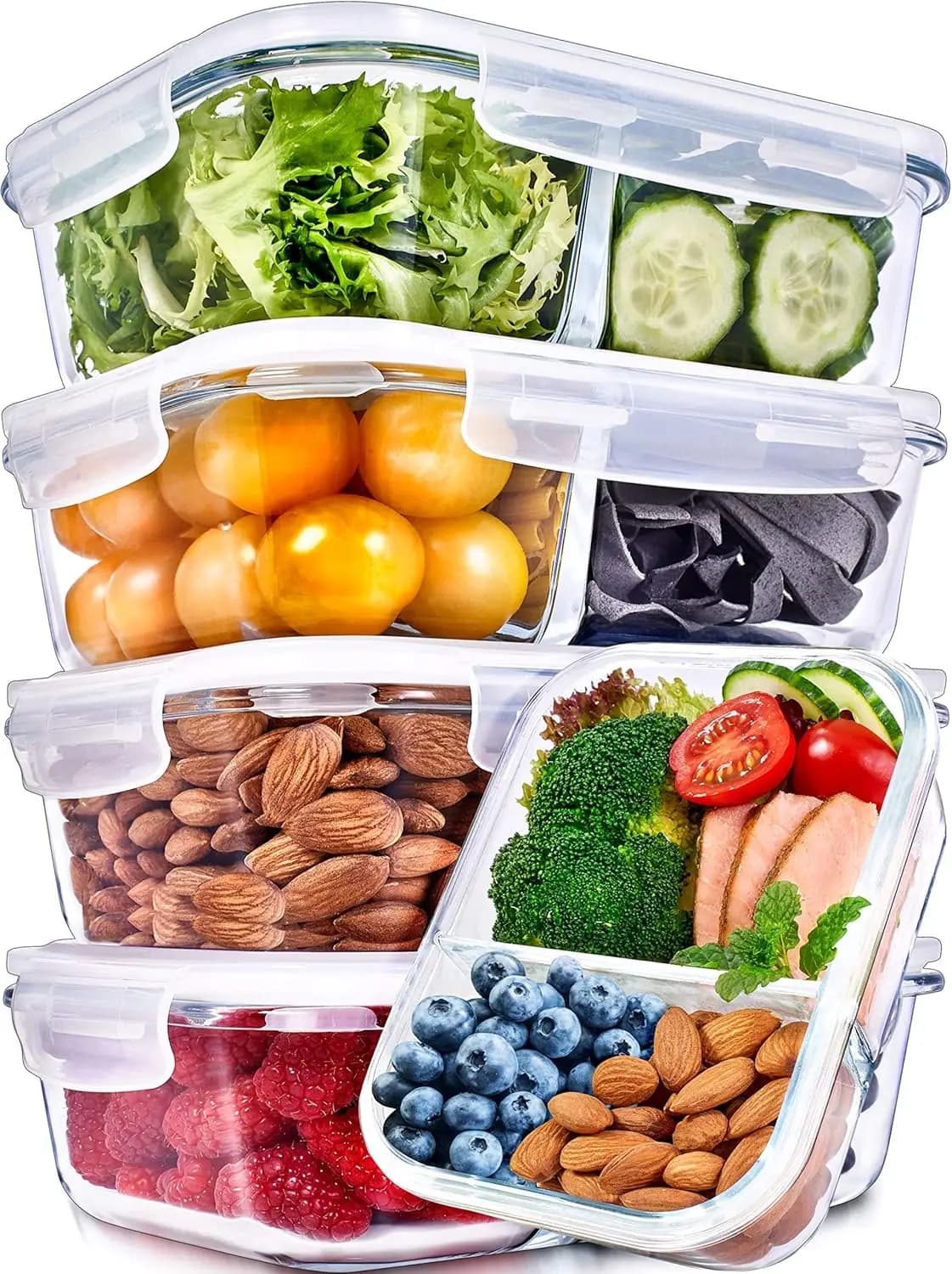 Contenitori in Vetro da 36oz per Preparazione Pasti con Coperchi - Ermetici, Lavabili in Lavastoviglie e Utilizzabili nel Microonde - Set di 5 Ciotole Trasparenti