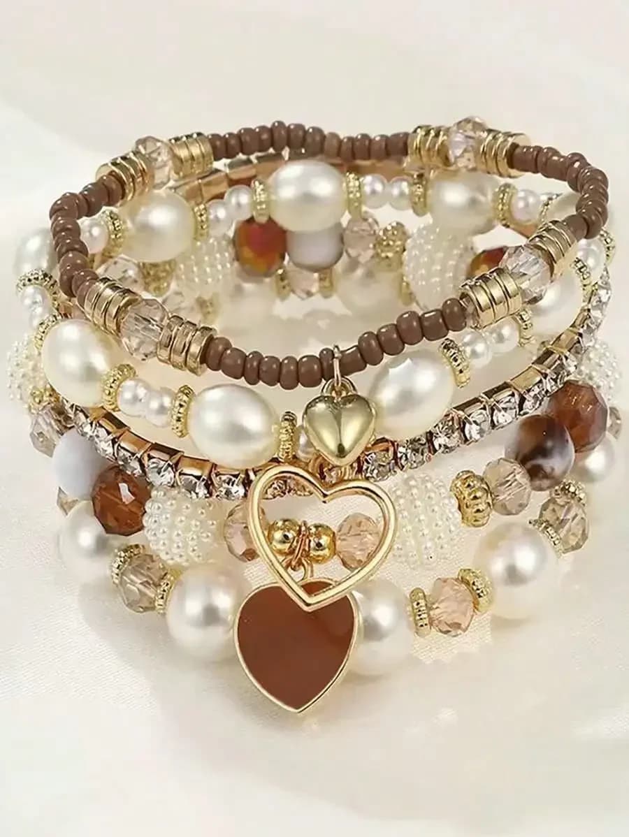 Set di 5 braccialetti con perle e cristalli, braccialetti da polso multistrato alla moda per donna