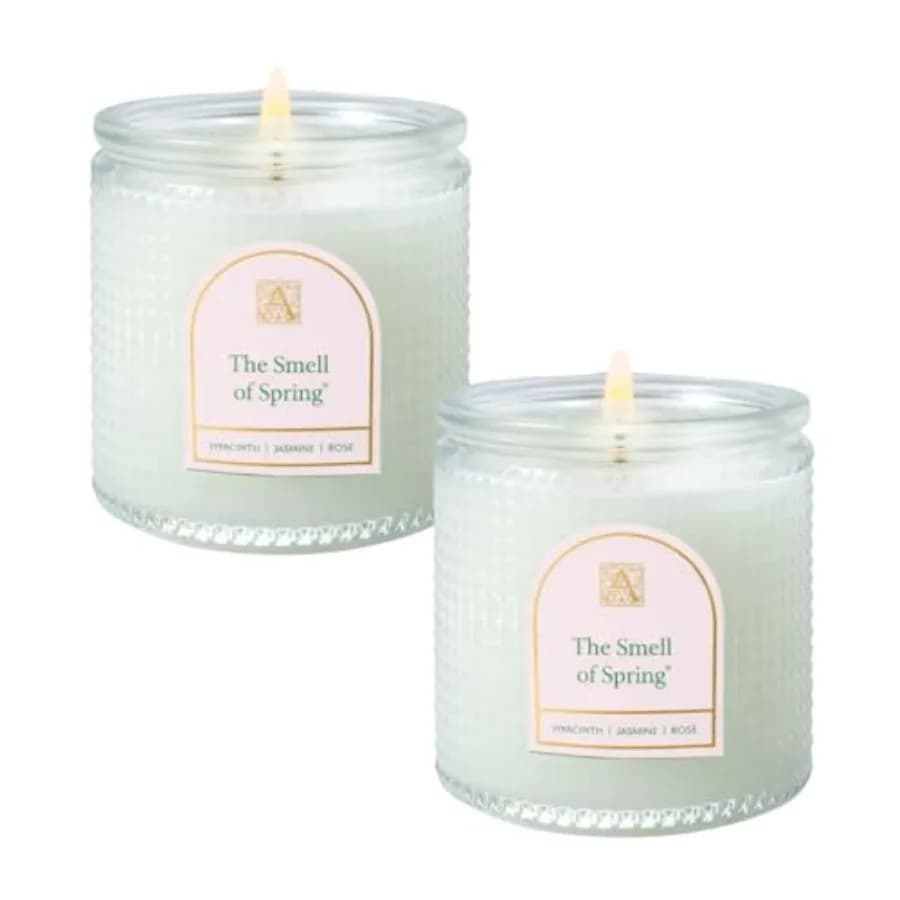 Set di 2 Candele in Vetro Texturizzato 'Profumo di Primavera', Candele Aromaterapiche di Lusso con Coperchio, Note di Giacinto, Gelsomino, Rosa