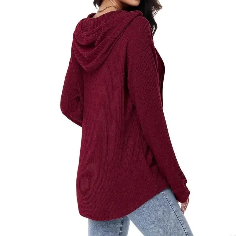 Felpa con cappuccio da donna con scollo a V, abbottonatura, pullover in maglia leggera, felpa a maniche lunghe, 6XDA
