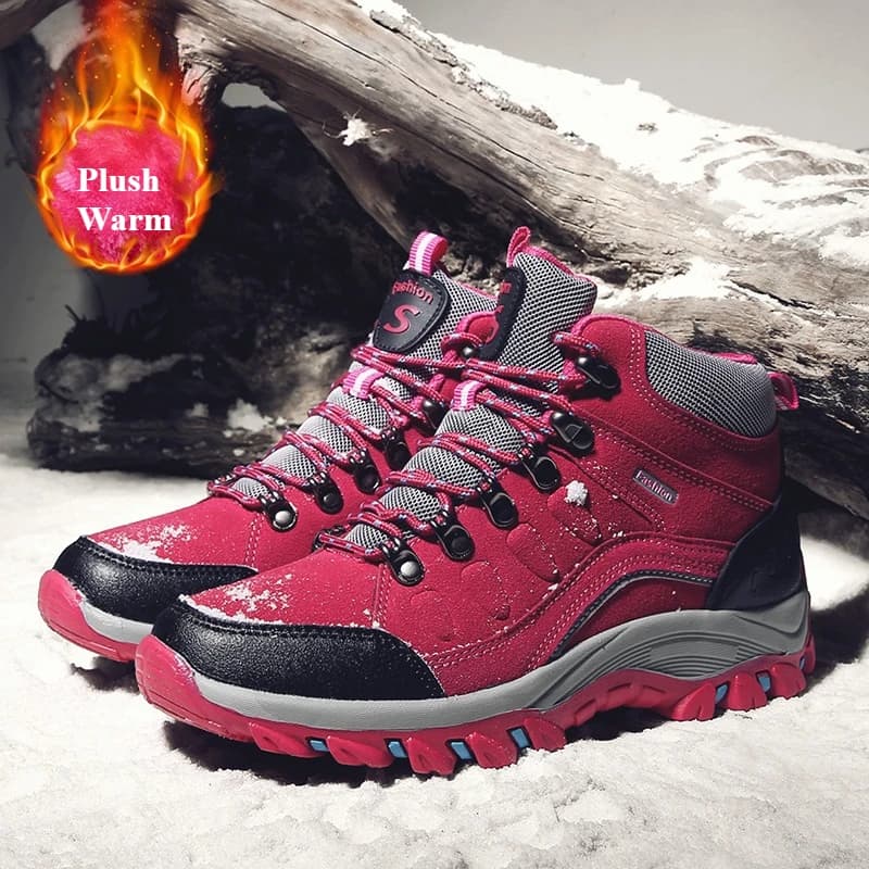 Scarponi da trekking da esterno alla caviglia da donna di marca Scarpe da arrampicata sportive calde in peluche Scarpe da ginnastica da uomo in pelle impermeabili Stivali da caccia