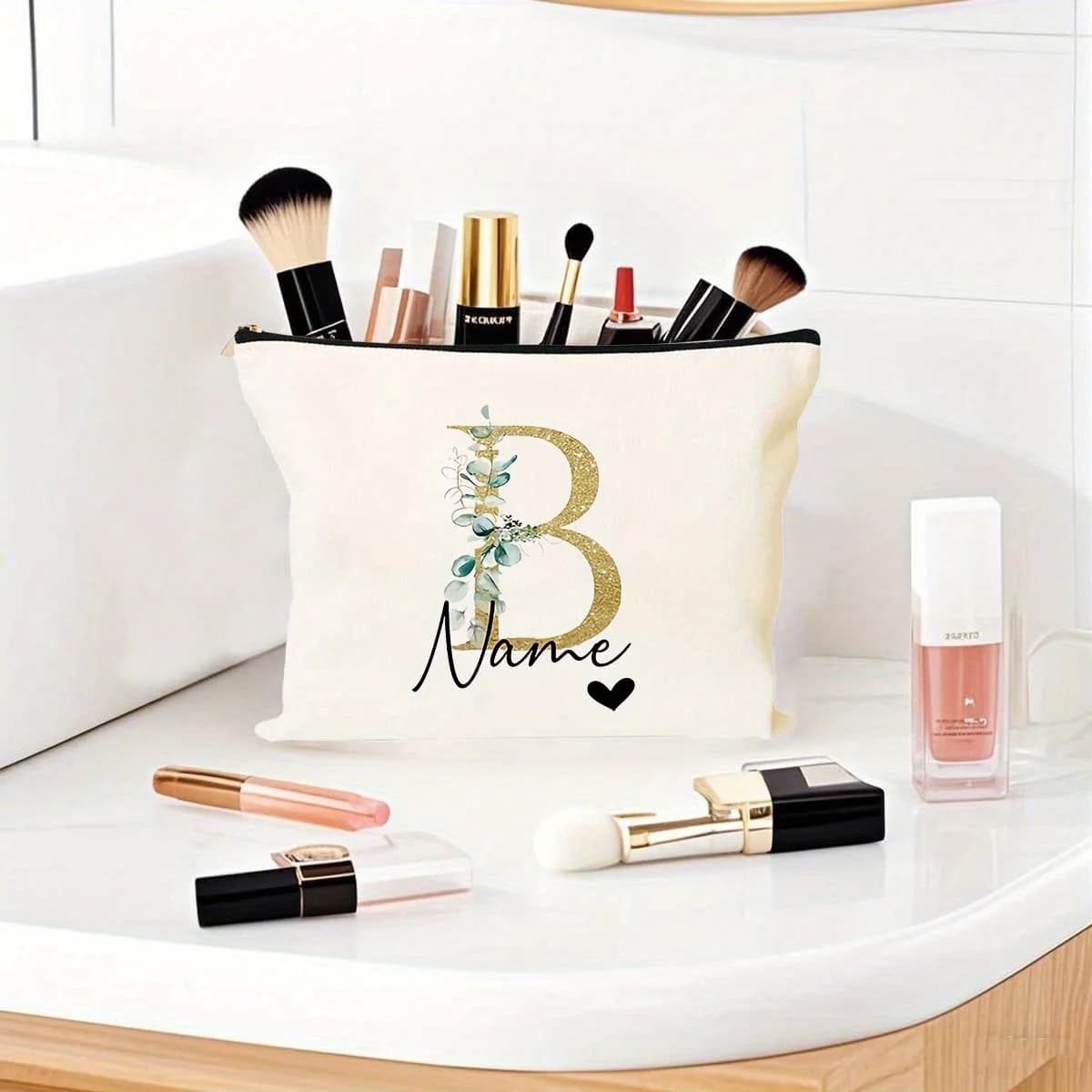 Creative Golden Cursive Design Letter Print Makeup Bag Personalized Name Travel Storage Toiletry Bag Thank You Bag for Gifts