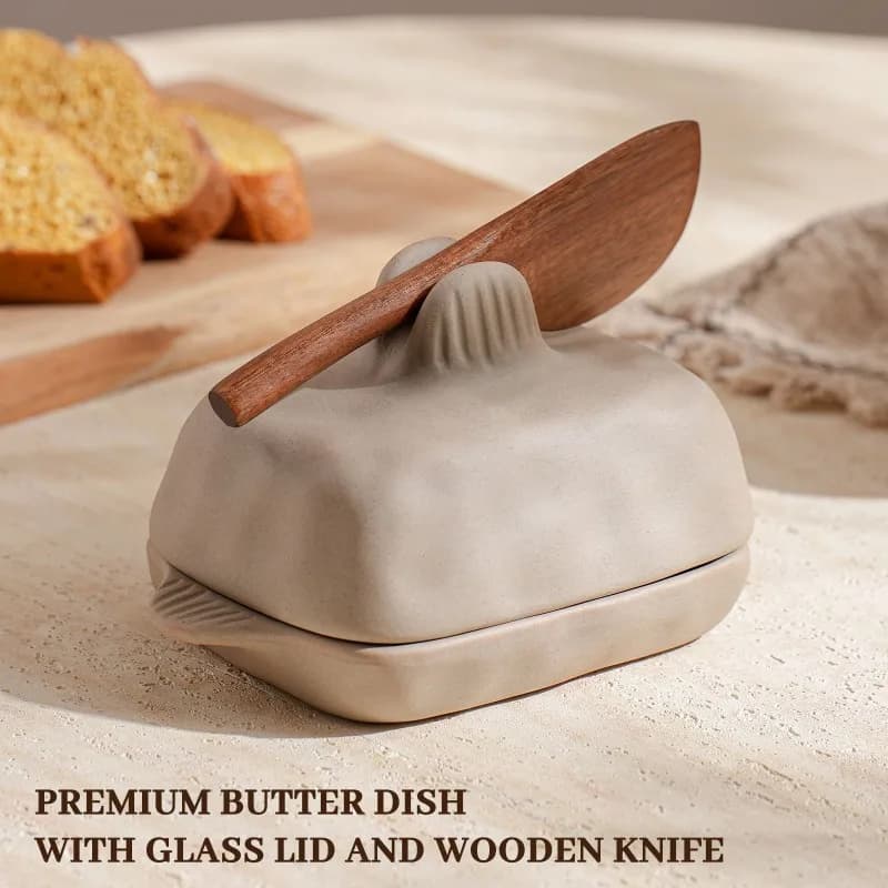 Handmade Coarse Ceramic Butter Dish with Lid - Creative Textured Rectangular Kitchen Butter Keeper, Rustic Decor for Home