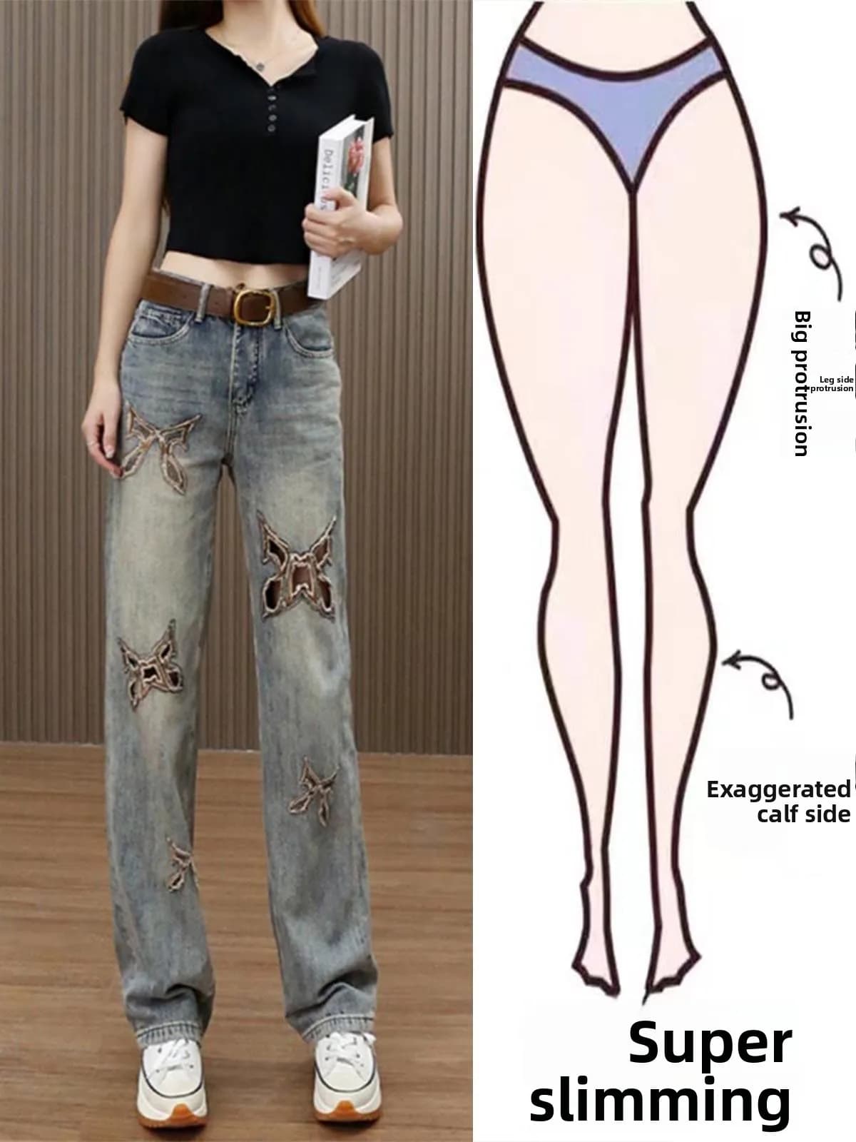 Jeans a Vita Alta e Gamba Larga alla Moda, Nuovo Stile Estivo da Donna, Jeans Slim Fit a Taglio Dritto con Strappi Americani, Lunghezza al Pavimento