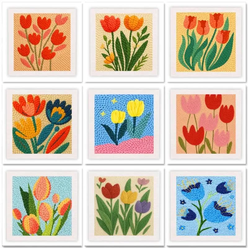 Punch Needle Kit with Hoop Pattern Yarn Tools for Beginners Flower Pattern DIY Embroidery Craft Set Holiday Gift for Adults
