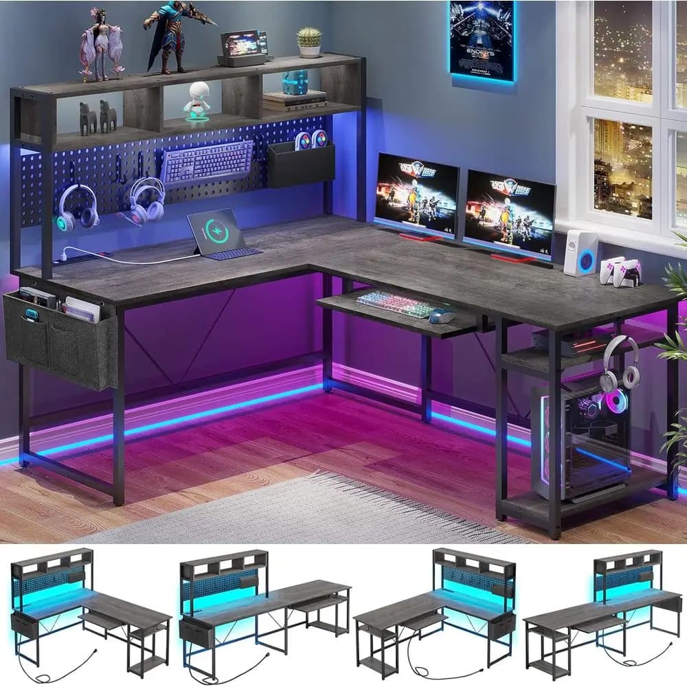 Scrivania a L grigia 94.5 con presa di corrente, luce LED, contenitore e pannello forato per ufficio domestico o gaming