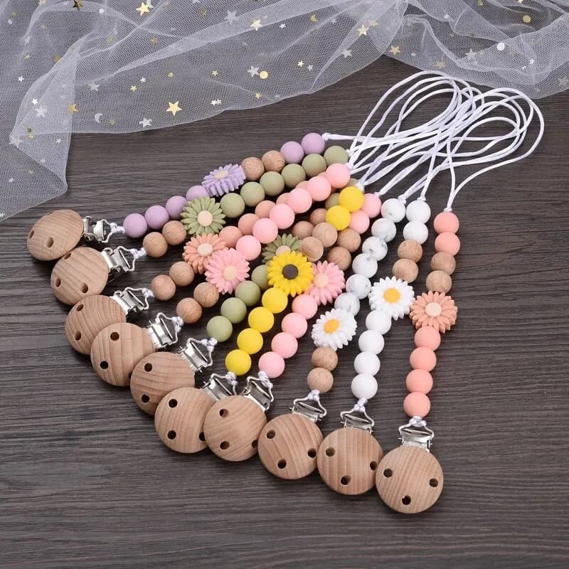 Ciuccio per bambini in legno di faggio Fiore in silicone con perline Clip per capezzoli per succhietto Porta ciuccio Catena Giocattolo per allattamento Regalo per la doccia
