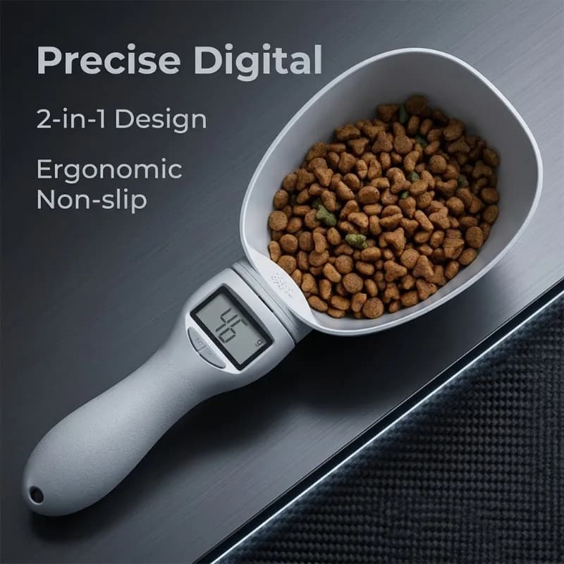 Bilancia Digitale per Alimenti per Animali Domestici, Cucchiaio Dosatore Elettronico con Display Volume e Peso per Ciotole di Cani e Gatti