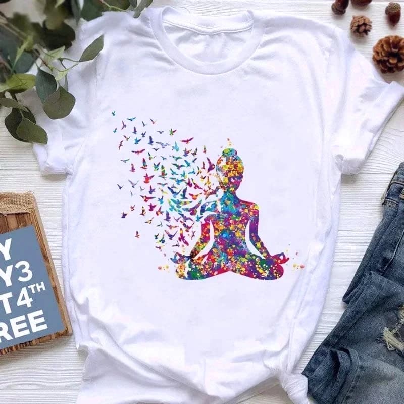 Plus Size Watercolor Breathe Chakra Symbols Yoga Print Tshirt Women Bird Om Aum Jade Buddha Meditation Tie Die T Shirt Femme Top