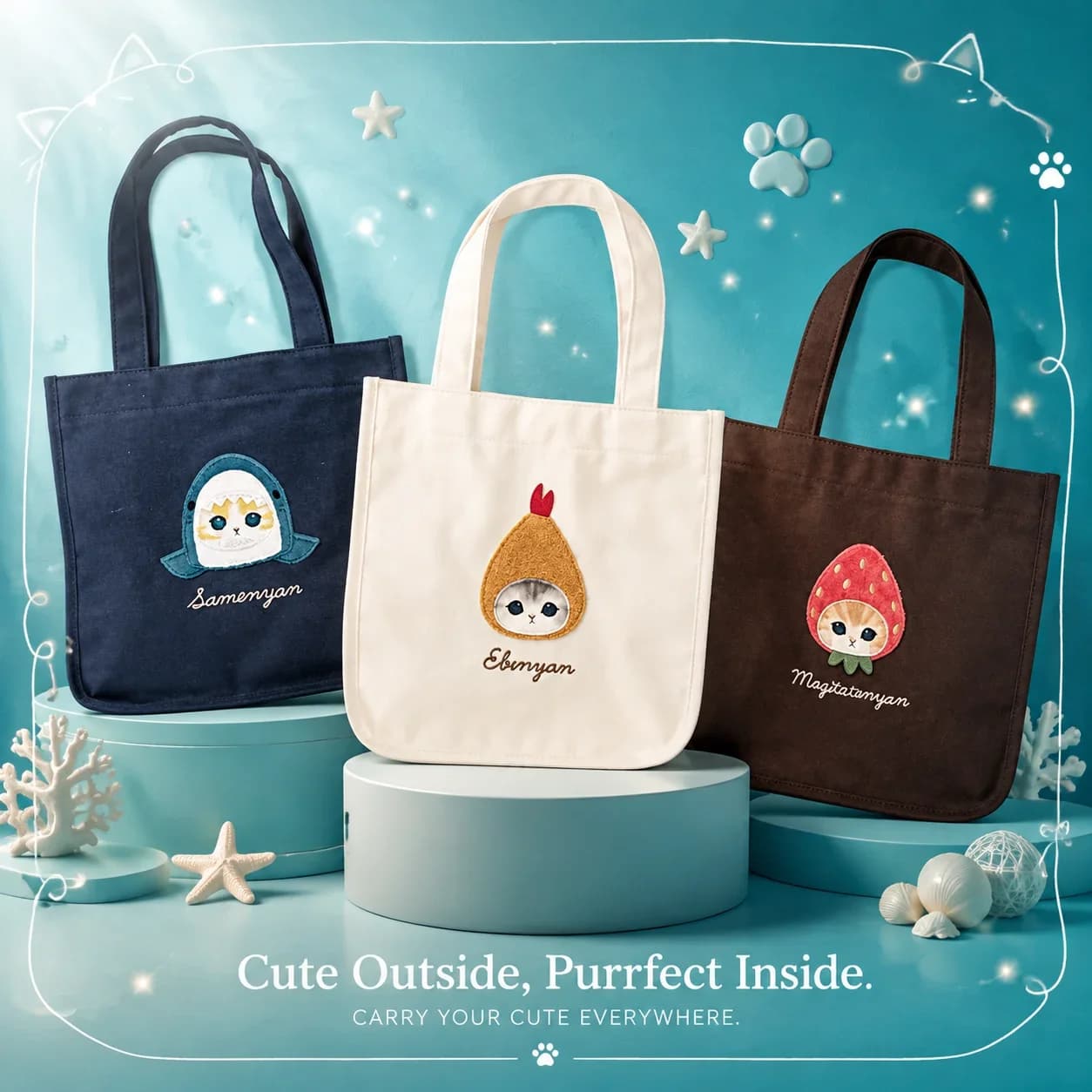 Japanese Mofusand Same Style New Cute Shark Cat Cartoon Handmade Canvas Shoulder Tote Bag Kawaii Handbag for Women Girls