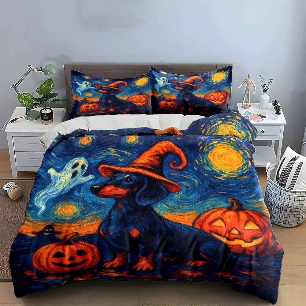 Halloween Dog Decor Set Bedding Set with 1 Duvet Cover 2 Pillowcases Single Double King Queen, Gift